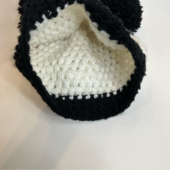 New Hand Crocheted Knit Panda Beanie Hat Black White Funky Unique Pom Pom Ears - Picture 5 of 5
